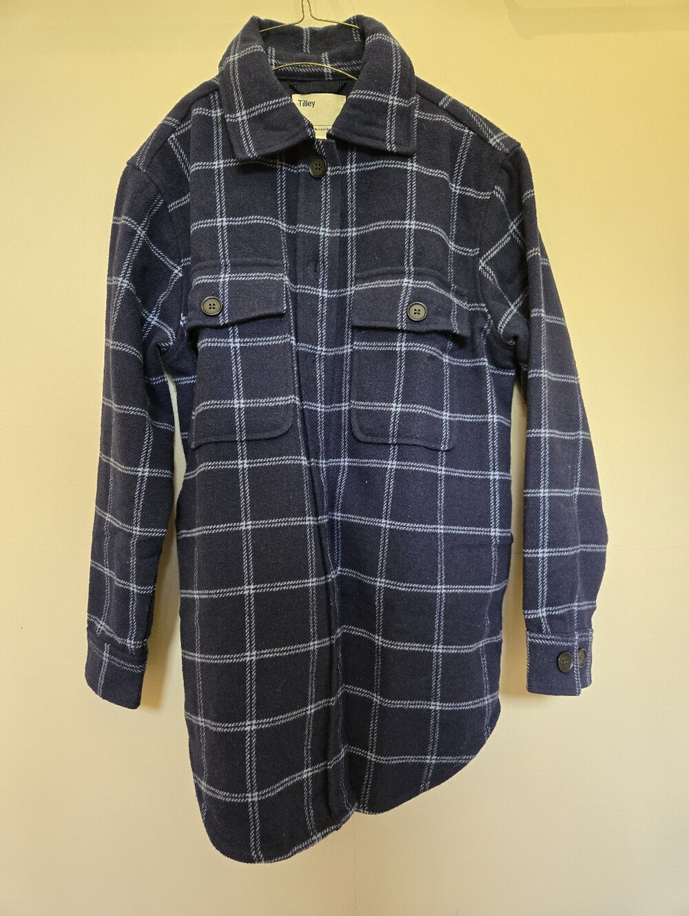 Womens Navy Plaid Button-Up Shirt Jacket
